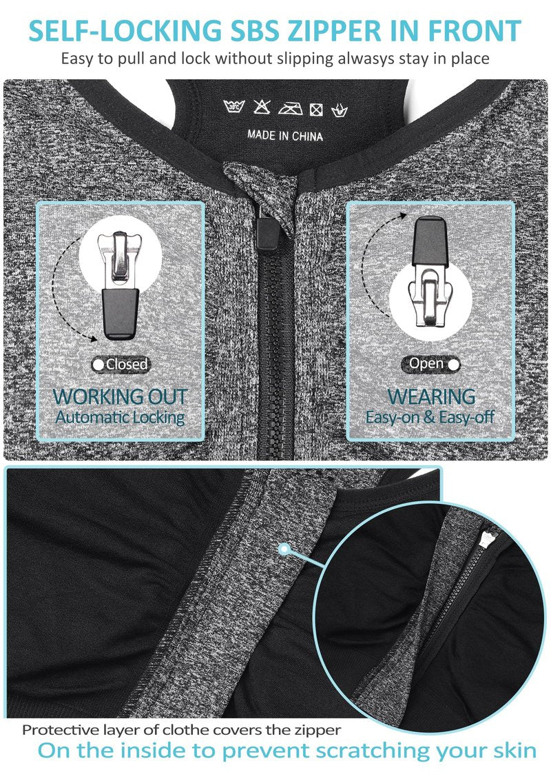 Women's Zip Front Sports Bra - Wireless, Post-Surgery, Padded, Racerback, Active, Yoga, Bust Reduction (X-Large, 3 Pack (Black+Grey+Bean Paste))