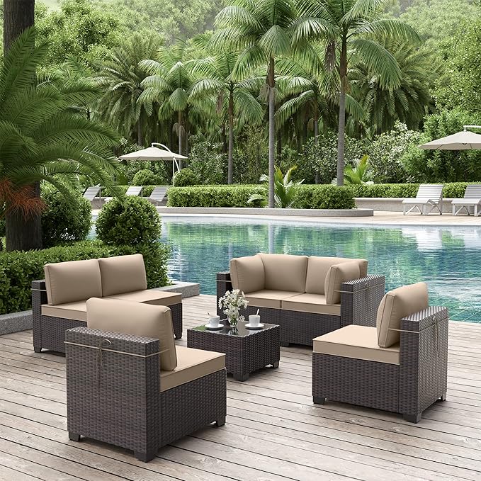 ALAULM 7 Pieces Patio Furniture Set with Coffee Table, Outdoor Sectional with Thick Cushion, All Weather Wicker Rattan Conversation Set for Backyard, Garden, Deck, Sand