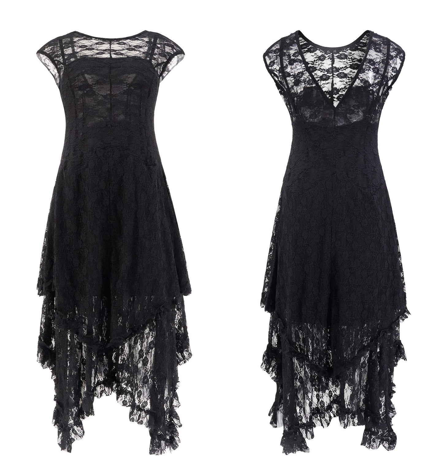 R.Vivimos Womens Sleeveless Backless Asymmetrical Layered Lace Long Dress with Slip Two Pieces (Medium, Black)