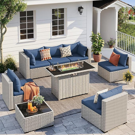 UDPATIO Patio Furniture Set with Fire Pit Table, 8 Pieces Outdoor Sectional Sofa, PE Wicker Patio Conversation Set for Garden, Backyard Blue