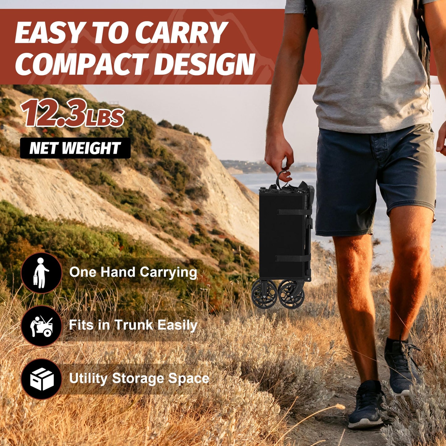 Eusuncaly Collapsible Wagon with Wheels, Wagons Carts Foldable, Heavy Duty Folding Utility Cart for Grocery, Camping, Shopping, Sports, Garden, Fishing, Black