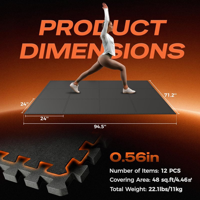 SUPERJARE 0.56'' Thick 12 Pcs 48 Sq Ft Rubber Top Exercise Equipment Mats, High Density EVA Foam Mats with Rubber Top, Interlocking Gym Flooring for Home Gym, Protective Workout Mat, Black
