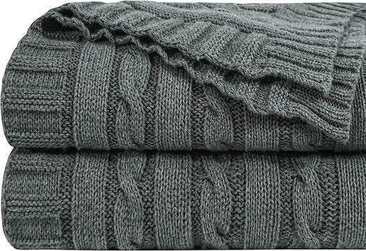 NTBAY 100% Pure Cotton Oversize (60x80) Cable Knit Throw Blanket, Super Soft Warm Knitted Bed Blanket for Bed, Sofa, Chair, Couch - Extra Cozy, Machine Washable, Comfortable Home Decor, Grey and White