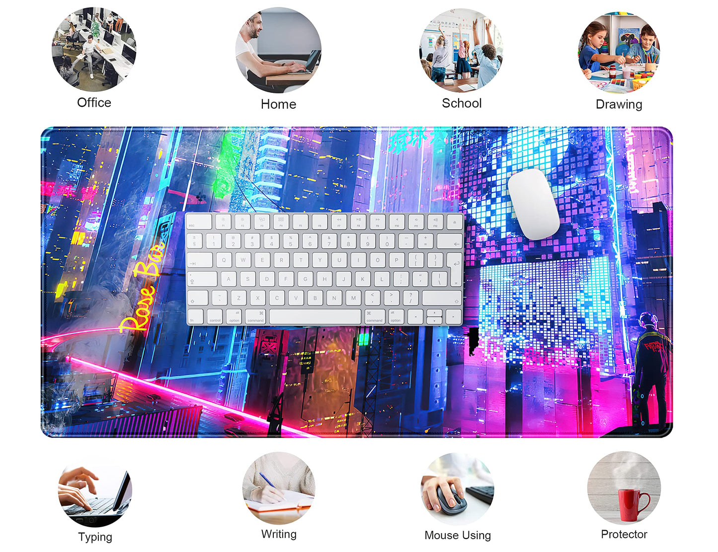 Japanese Street Desk Mat Futuristic Neon City Print Mouse Pad, Exclusive Desk Mats, XXL Large Gaming Mousepad 31.5"x15.75", Office Decor for Women Girls Keyboard Mat Laptop Computer Mat