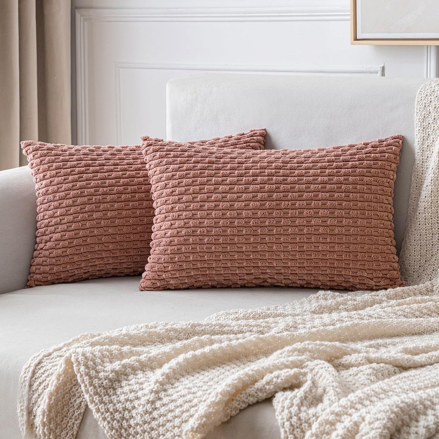 MIULEE Pack of 2 Decorative Throw Pillow Covers 18x18 Inch Soft Boho Striped Textured Corduroy Pillow Covers Modern Farmhouse Home Decor for Couch Bed Sofa Living Room Cream White