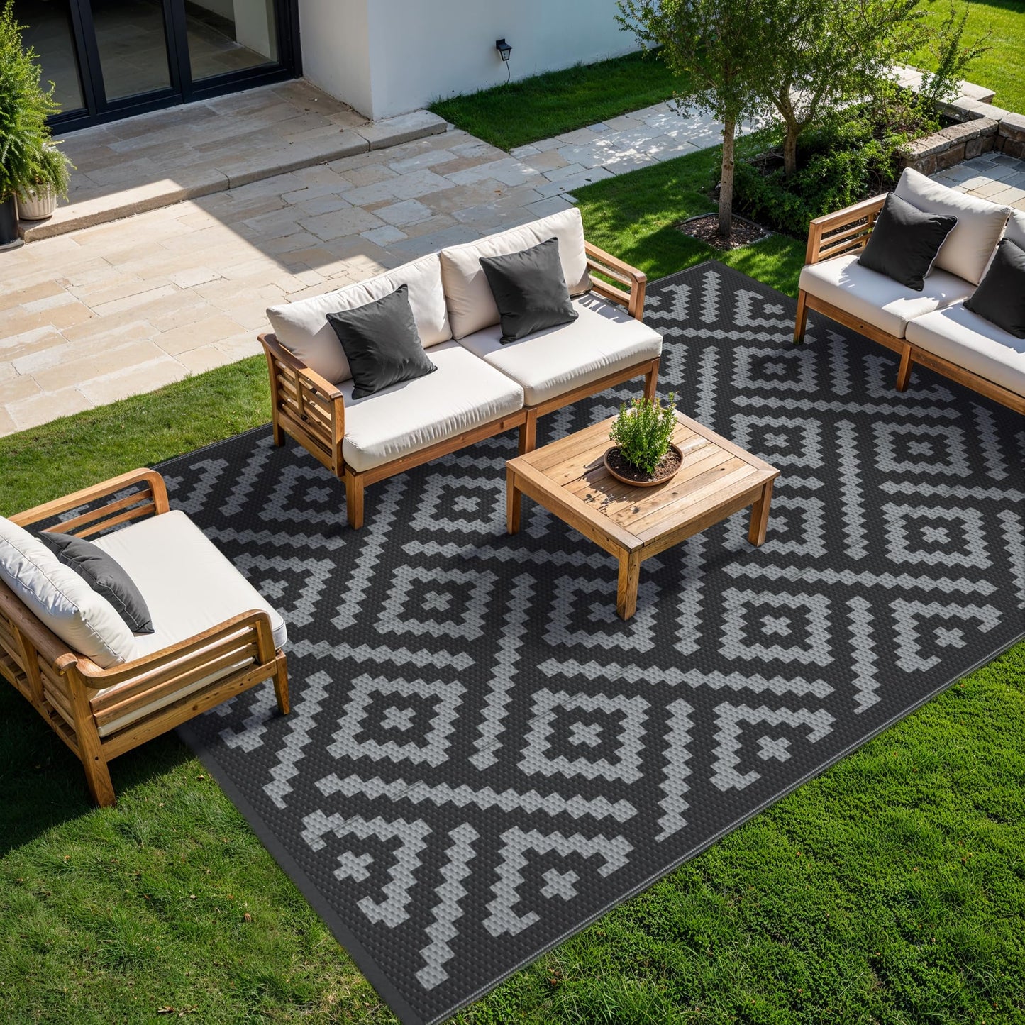 GENIMO Outdoor Rugs 8'x10' Waterproof, Reversible Mats, Area Plastic Straw Rug, Outside Carpet, Geometric Rv Mat for Patio Camping Rv Picnic Backyard Deck Balcony Porch Beach Trailer (Black & Grey)