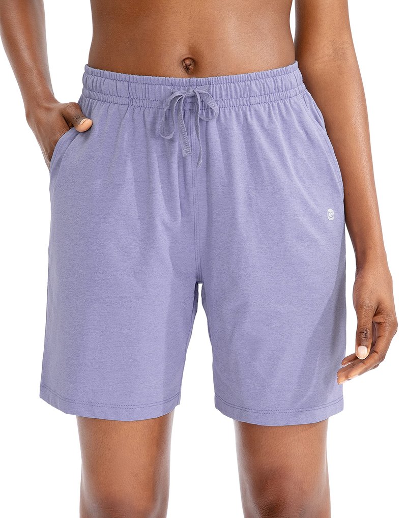Women's 7" Shorts with Deep Pockets Elastic Waist Bermuda Jersey Long Shorts for Woman Lounge Walking (Purple,7",L)