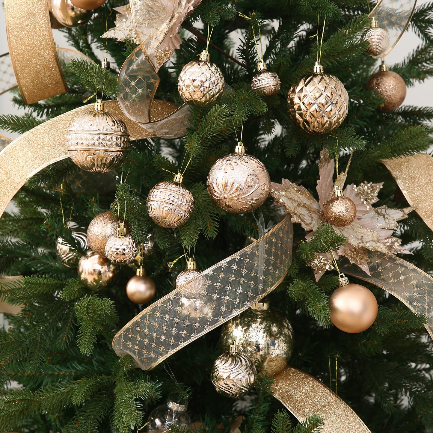 Christmas Ball Ornaments Champagne Christmas Tree Decorations with Hang Rope-36pcs Shatterproof Christmas Ornaments Set with 6 Styles in 3 Sizes(Small Medium Large)