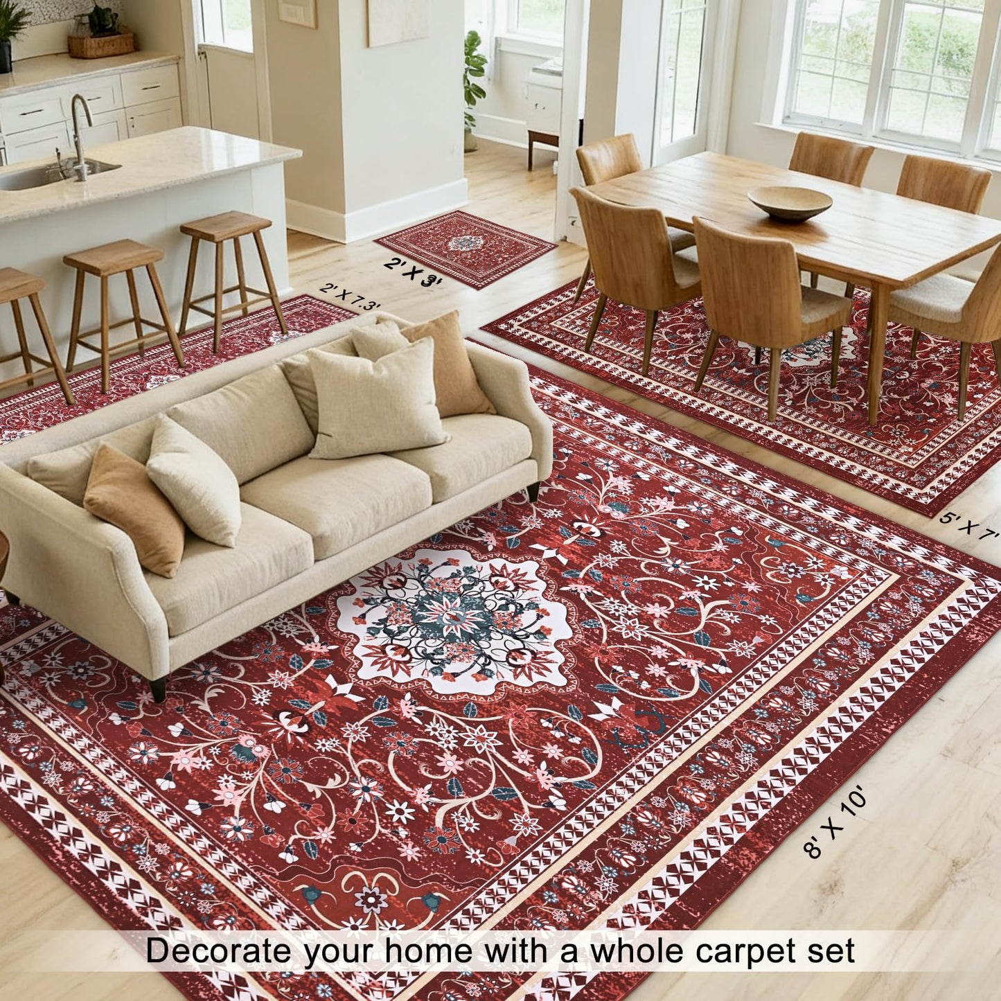 BLEUM CADE 8' x 10' Red Boho Rugs for Living Room, Washable Low Pile Non-Slip Area Rugs for Bedroom Dining Room Kitchen Classroom Office Nursery Playroom