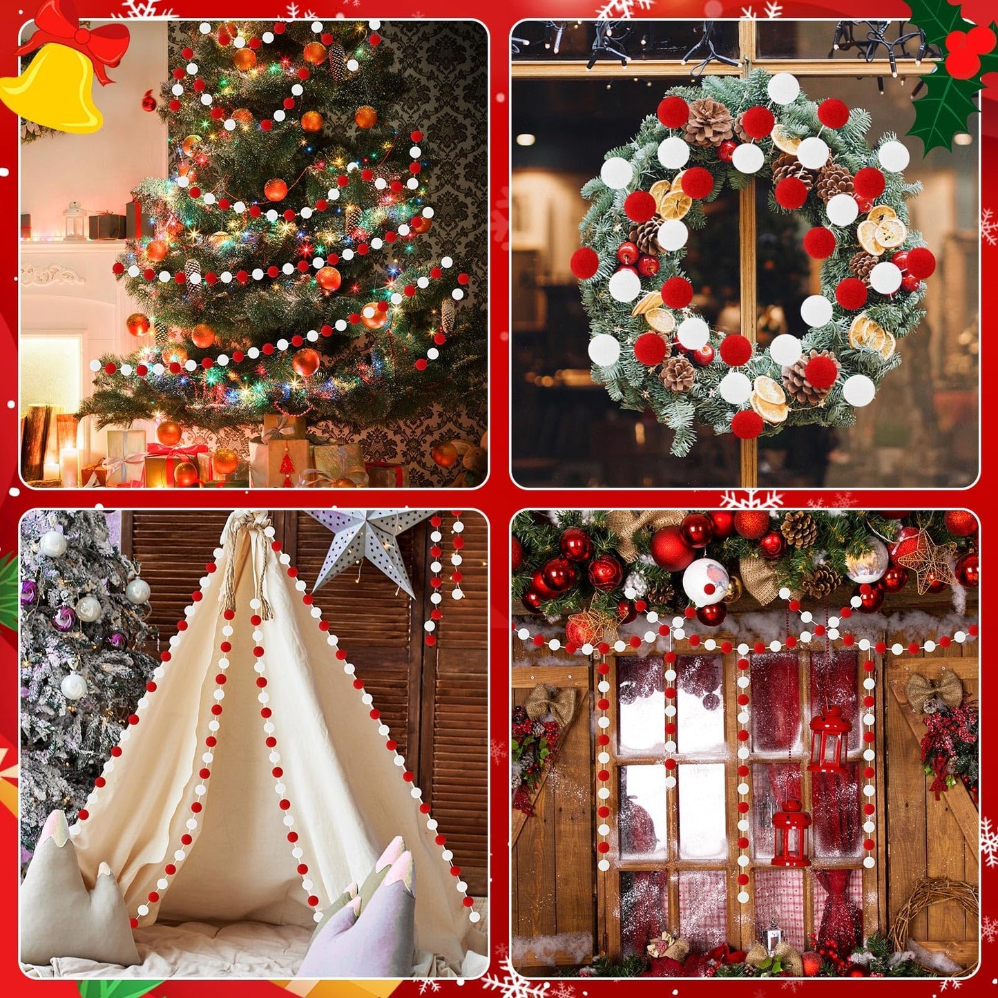 MARFOREVER 4 Pack 26.3 Feet Red and White Christmas Decorations Christmas Pom Pom Garland 30 Balls Xmas Felt Ball Garland for Xmas School Classroom Mantel Wall Home Party Decor Hanging Ornaments