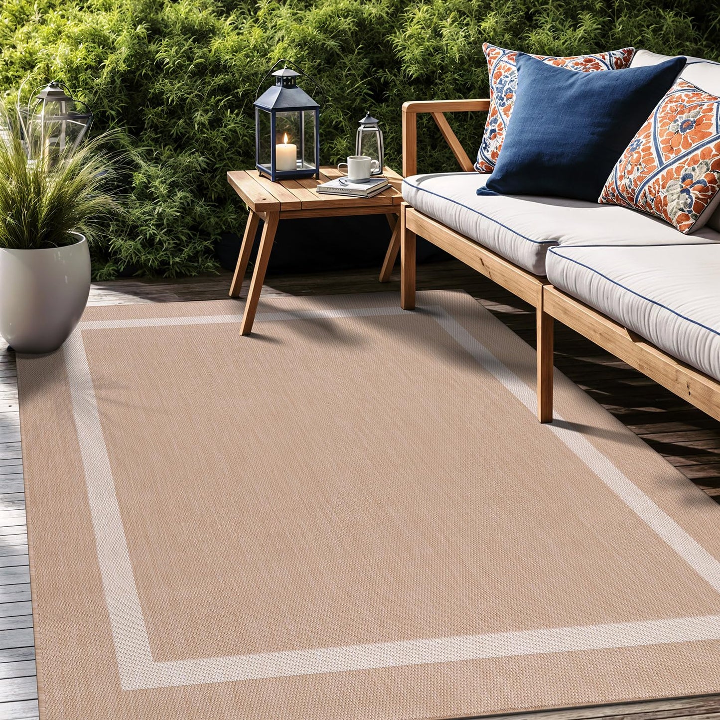 Luul Home Bordered Outdoor Rug 8x10 Washable Outside Carpet for Indoor Patio Porch Waterproof Easy Cleaning Non Shedding Area Rugs Beige 8 x 10