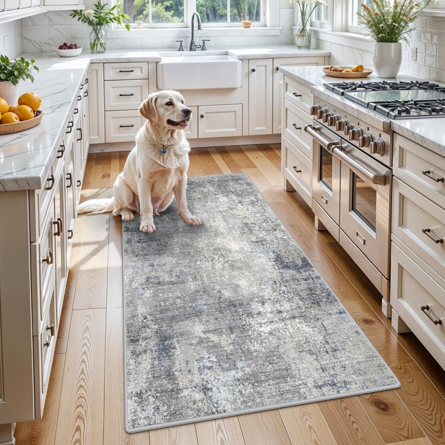 3x5 Washable Entryway Rug – Non-Slip Rubber Backed Small Area Rug for Kitchen, Bedroom, Living Room, Office – Soft Low-Pile Thin Modern Abstract Neutral Throw Rug （Blue Gray,3x5）
