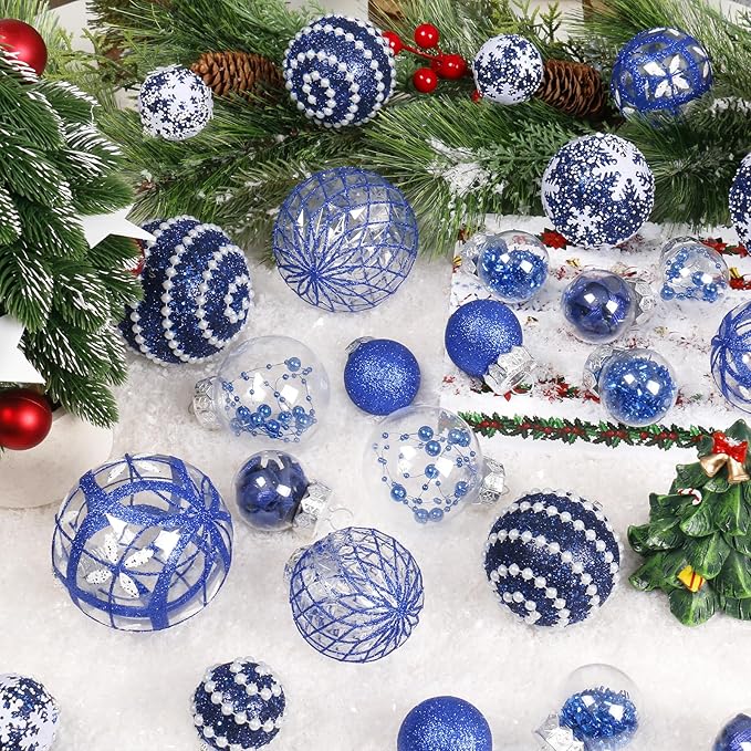 Super Holiday Christmas Ball Ornaments, 33PCS Blue Clear Shatterproof Plastic Foam Ornaments Set for Hanging Xmas Tree Holiday Thanksgiving Party Decor.