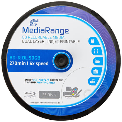 MediaRange BD-R Dual Layer 50GB 6x Write Speed, Full Surface Printable, Cake Box of 25
