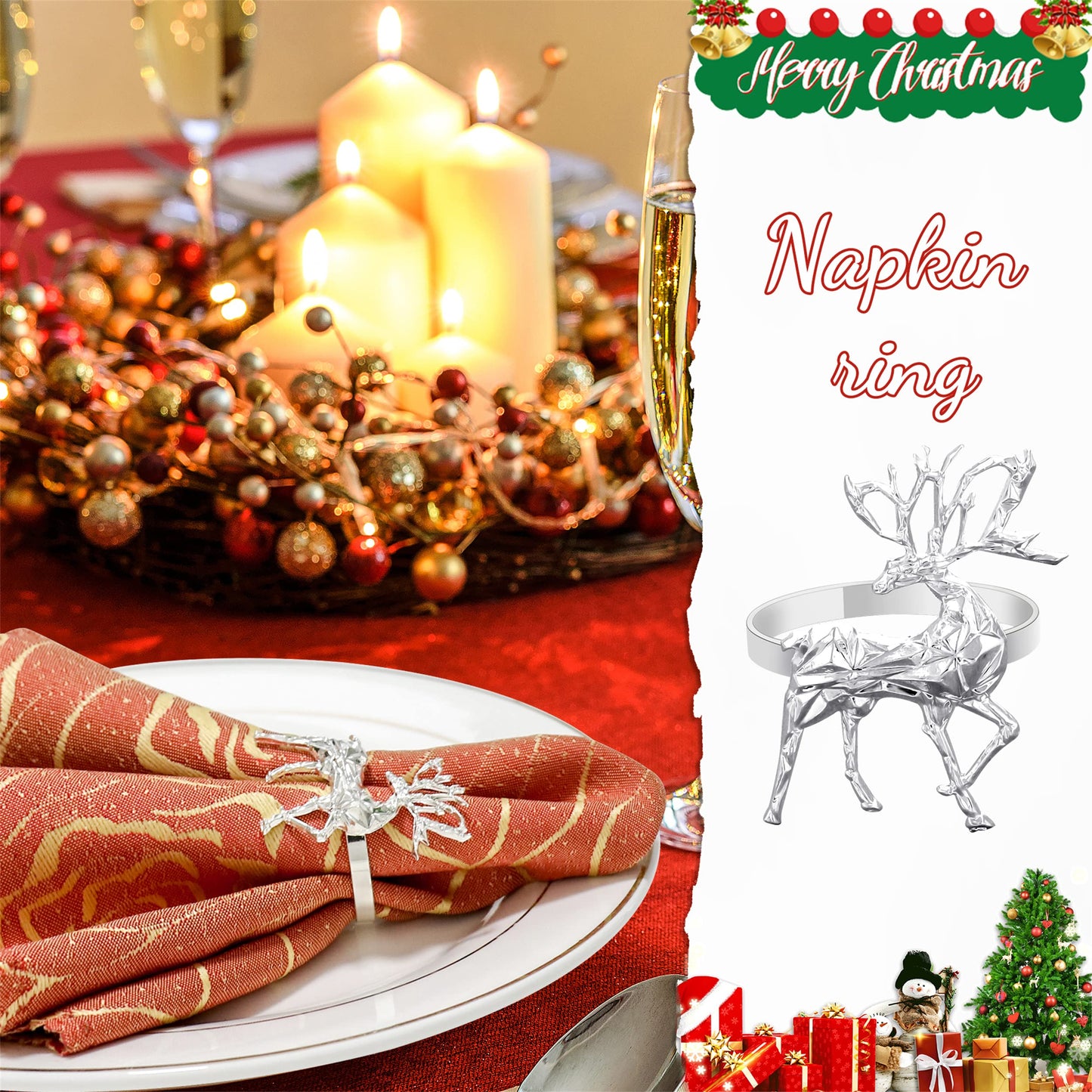 FKSWTV 6 Pack 3D Silver Reindeer Elk Napkin Rings Metal Holiday Fall Thanksgiving Christmas Halloween Wedding Home Table Decorations
