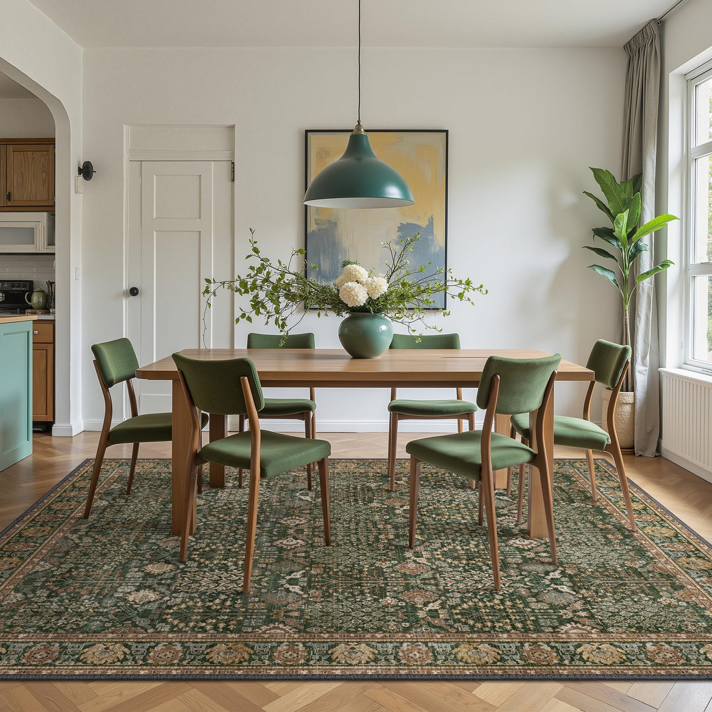 Bavni Washable Rugs 8x10-Machine Washable Rug Lightweight Low Pile, Vintage Floral Rug Non-Shedding Distressed Throw Carpet for Living Room Bedroom Office, Dark Green/Multi