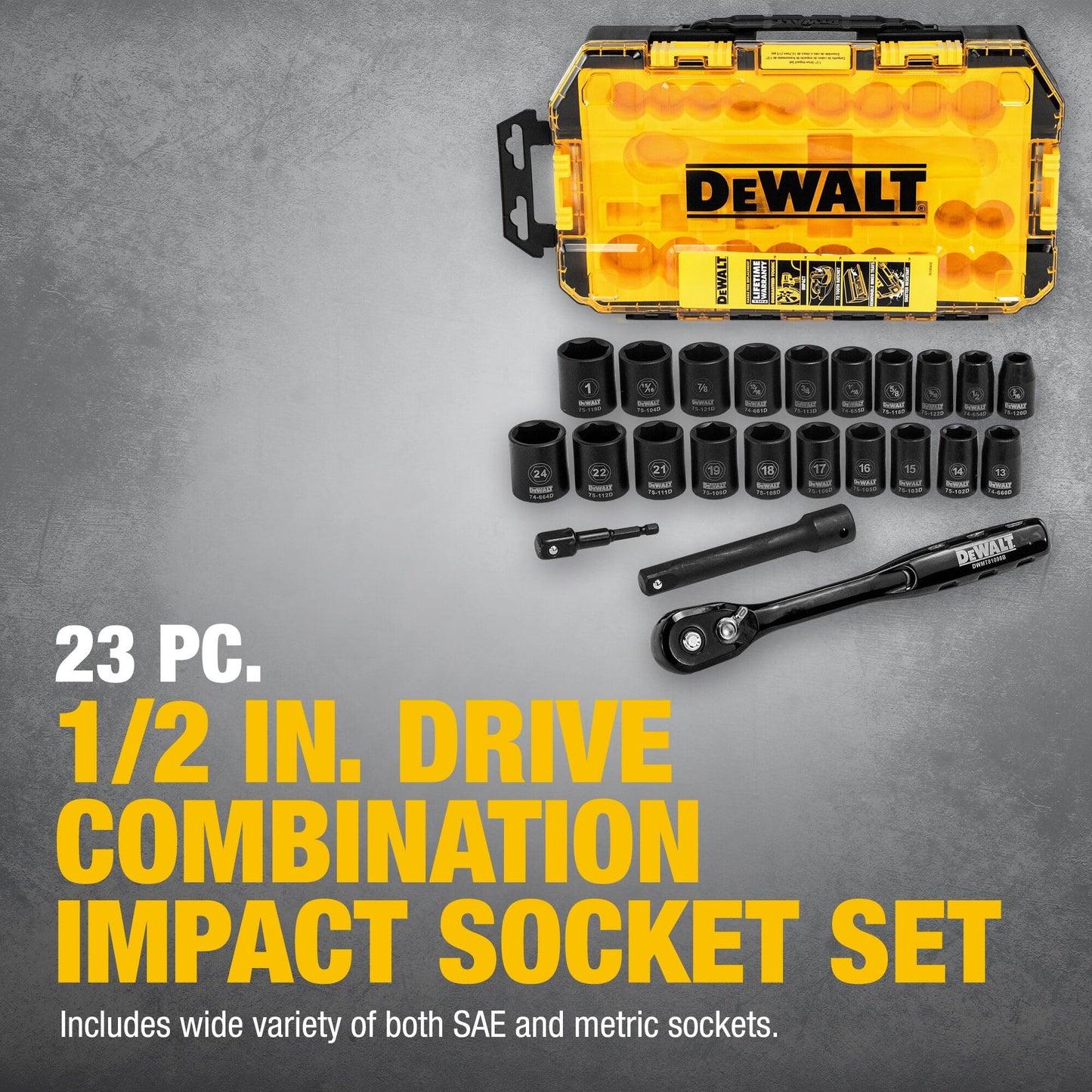 DEWALT Impact Socket Set with Ratchet, Metric/SAE, 1/2" Drive, 23-Piece Set with Case (DWMT74739)﻿ ﻿
