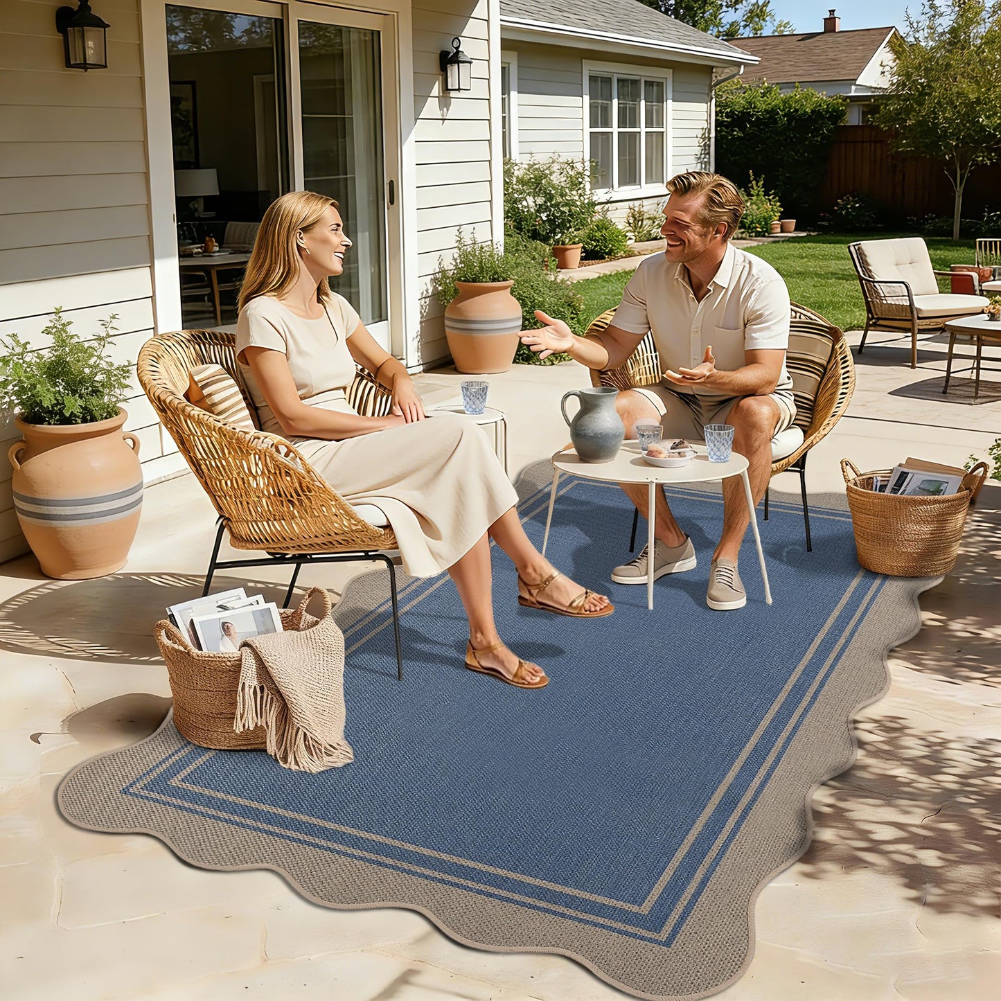 Easy Jute 3x5 Outdoor Rug Washable Non Slip Rug for Entryway Indoor Outdoor Farmhouse Neutral Scalloped Carpet for Backyard Patio Proch Living Room