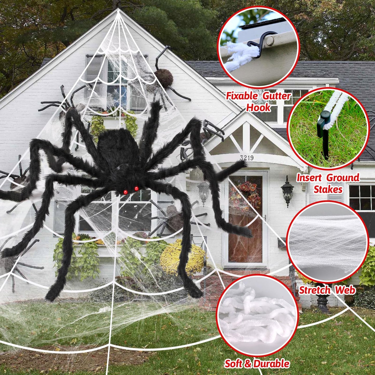 EZIGO 212'' Triangular Huge Halloween Spider Web 49" Giant Fake Spider for Outdoor Halloween Decorations with Stretch Cobweb, halloween Party Supplies for Indoor Home Yard Haunted House Décor