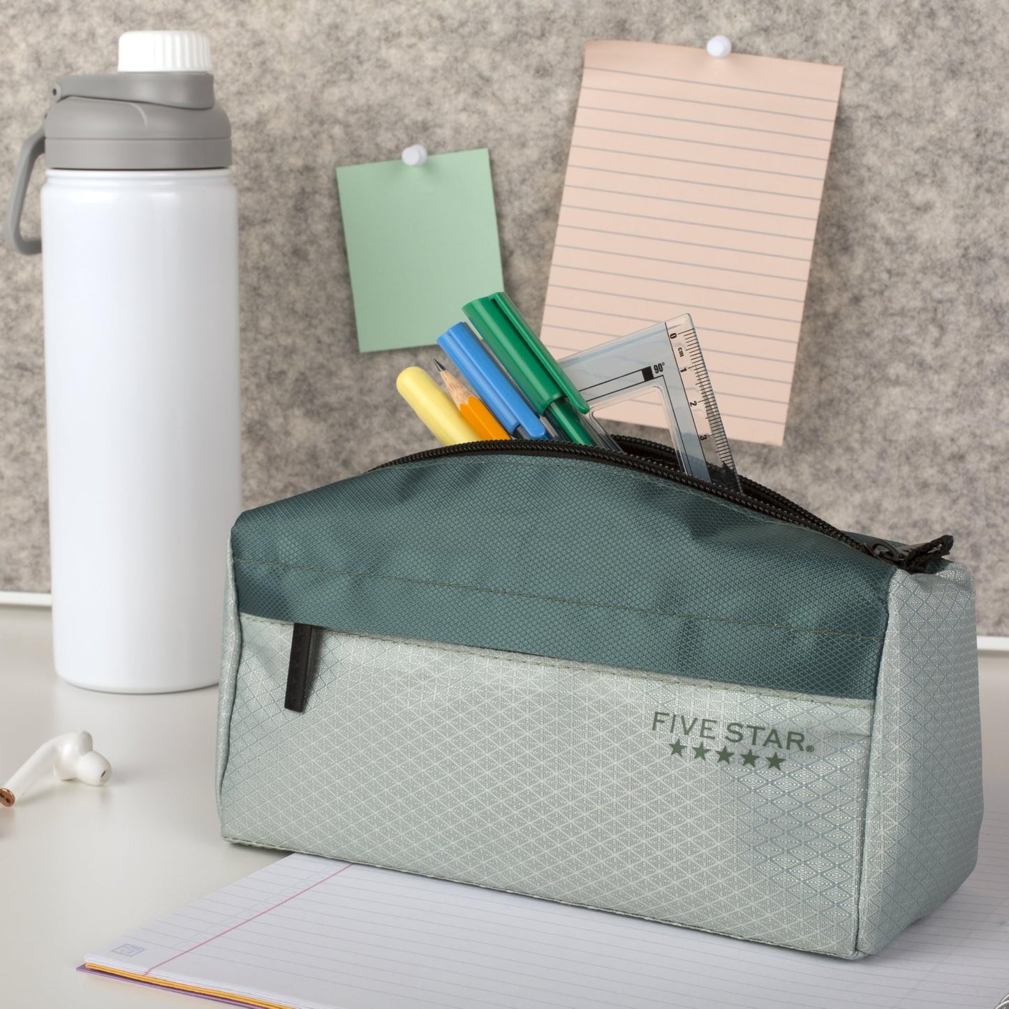 Five Star Pencil Pouch, Pen Case, 9-Pocket Zipper Pouch, Storage Organizer for School Supplies Earbuds Chargers Cables Makeup, Green/Juniper (500214F-ECM)