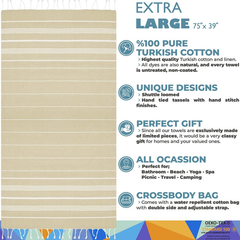 Madamelique Turkish Beach Towel with Beach Bag - 39 x 74 - Prewashed Beach Towels Oversized -%100Cotton - Quick Dry - Sand Free - Hand Loomed Turkish Bath Towels - Unique Absorbent Towel (Beige)