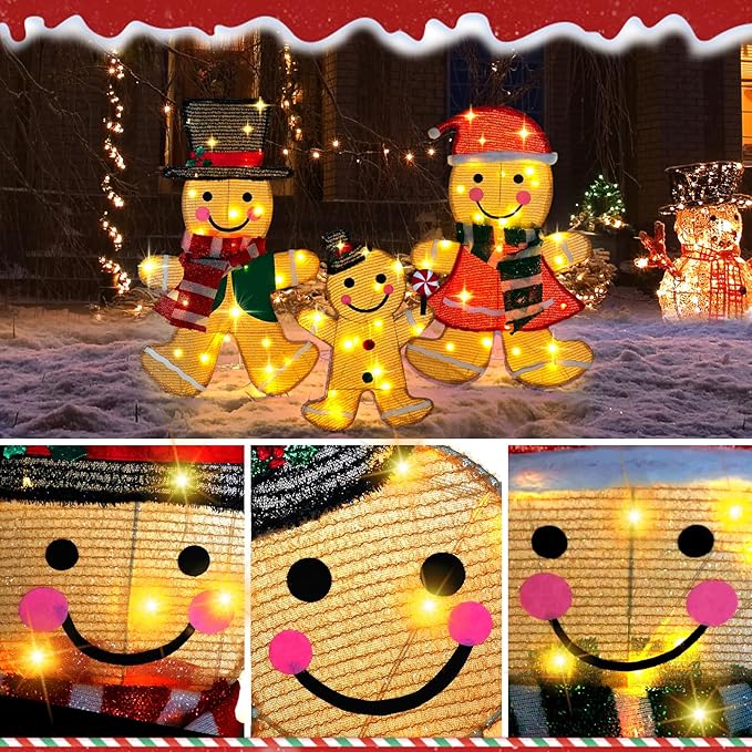 Light Up Gingerbread Man Christmas Decorations Outdoor, 53 LEDs Set of 3 Lawn Ornament, Outdoor Lighted Holiday Displays for Christmas Yard Decorations (Gingerbread Man)