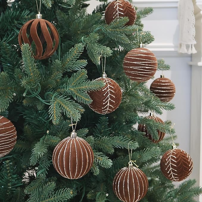 4inch Velvet Ornaments for Christmas Tree, 9PCS Glitter Flocked Christmas Ornaments Decorations Balls Set Decor Brown