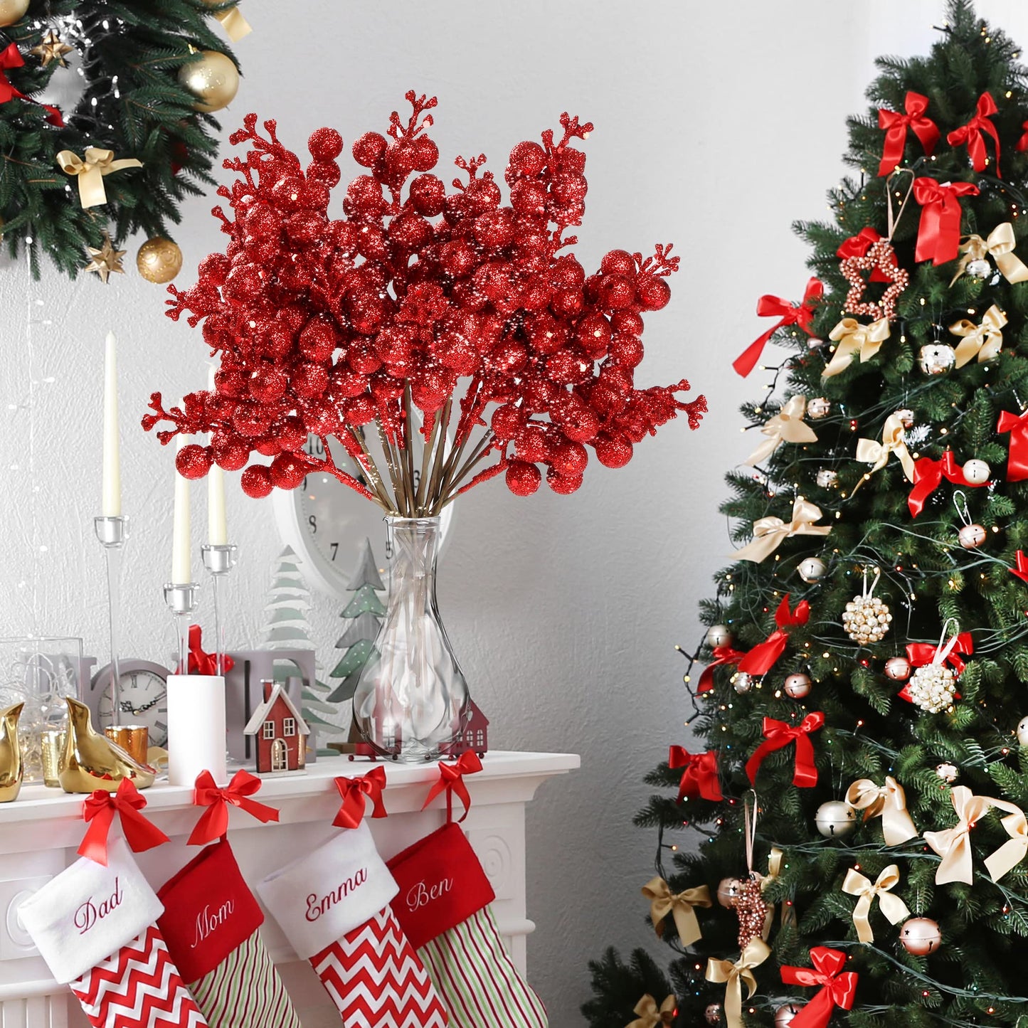Sggvecsy 30Pcs Christmas Glitter Berries Stems Artificial Red Berry Branches Holly Picks Stems Christmas Tree Ornaments for DIY Xmas Wreath Crafts Gifts Holiday Home Decor (Red)