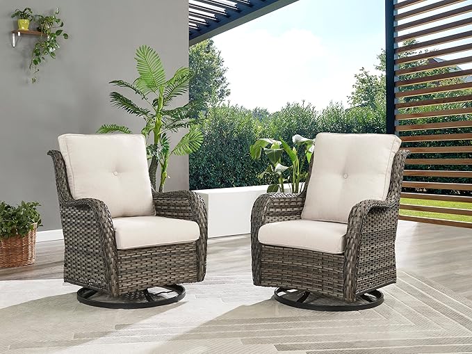 Rilyson Wicker Rocking Chair Swivel Chairs - 3 Piece Rocker Patio Furniture Set Rattan Rocking Bistro Sets with Glass Top Side Table for Outdoor Porch Deck Garden Backyard (Mixed Grey/Beige)