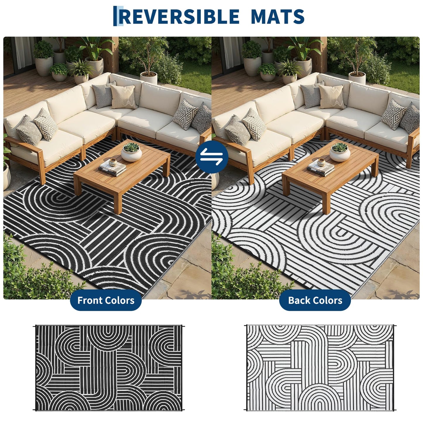 Garvee Reversible Rainbow Outdoor Rug 8x10, Waterproof Outdoor Plastic Straw Rug, RV Mat for Picnics, Patio, Camping, Balcony, Deck, Backyard, Porch, Black