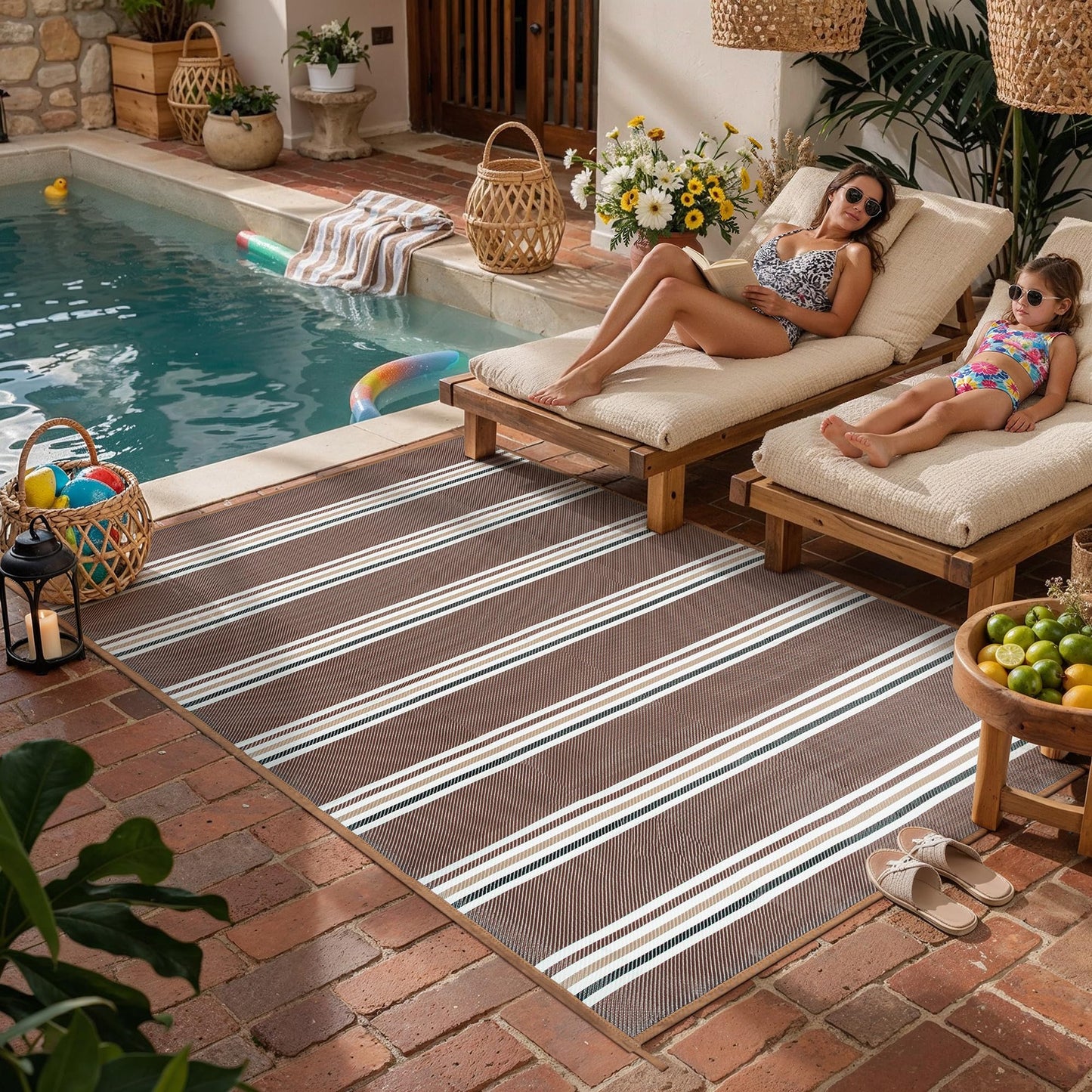 PureCozy Outdoor Waterproof 5x8 Rug for Patio Reversible Plastic Straw Brown Striped Camping Mat Outside Lightweight Large Floor Mat for RV Deck Beach Balcony Picnic Backyard Entry Porch