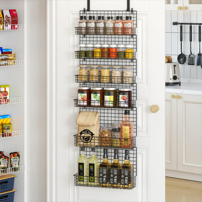 JKsmart 6-Tier Spice Rack Organizer with Door Hook, Wall Mounted & Over the Door Spice Racks for Kitchen Pantry Door Cabinet, Two Size, Large Capacity, Black