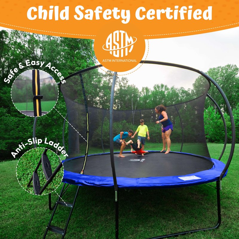 JUMPZYLLA Trampoline Outdoor 8FT 10FT 12FT 14FT 15FT 16FT with Enclosure and Ladder, ASTM Approved Recreational Trampoline for Kids and Adults, Anti-Rust Coated Frame (Blue, 15FT)