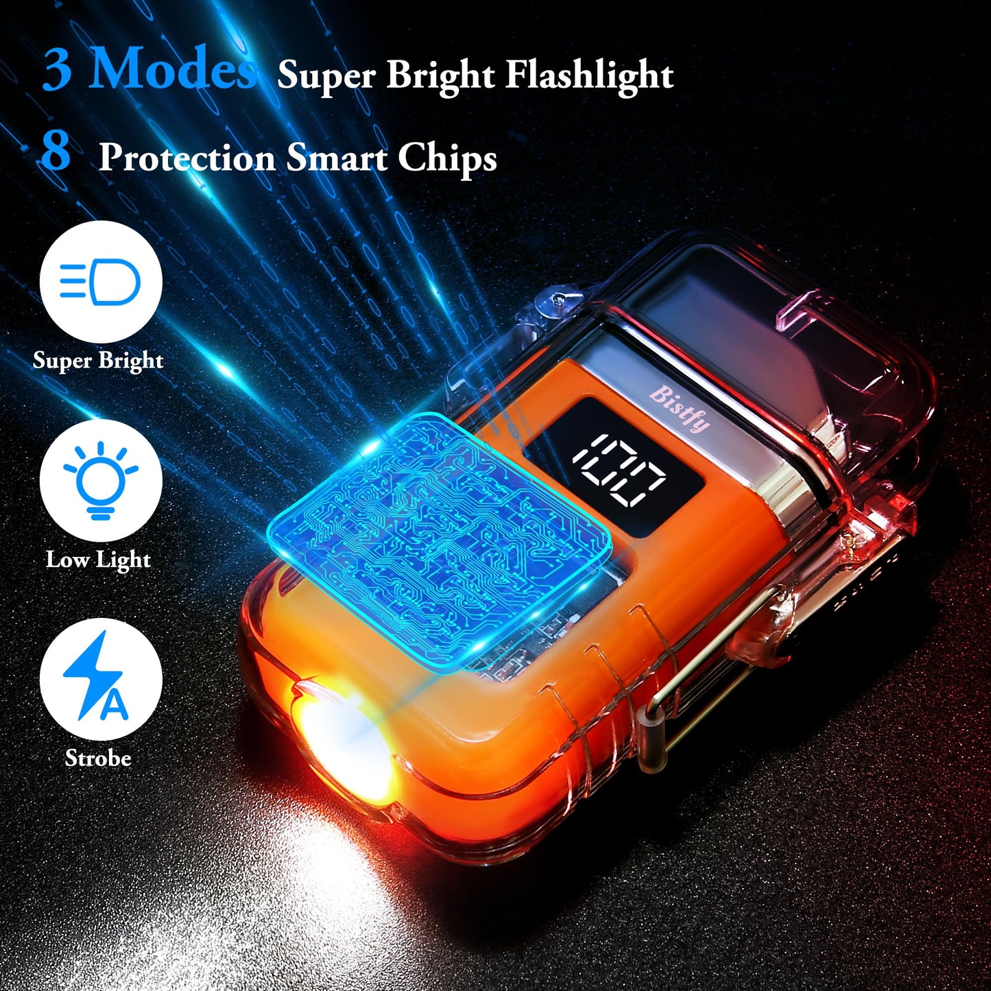 Bistfy Electric Lighter With Digital Display and Flashlight - Type C Rechargeable USB, Plasma Arc, Waterproof and Windproof Flameless Cool for Camping, Hiking, Outdoor Activities