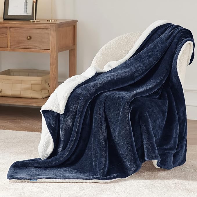 Bedsure GentleSoft Sherpa Fleece Throw Blanket for Couch - Thick and Warm Throw for Men, Soft Fuzzy Plush Blanket for Winter, Navy, 50x60 Inches