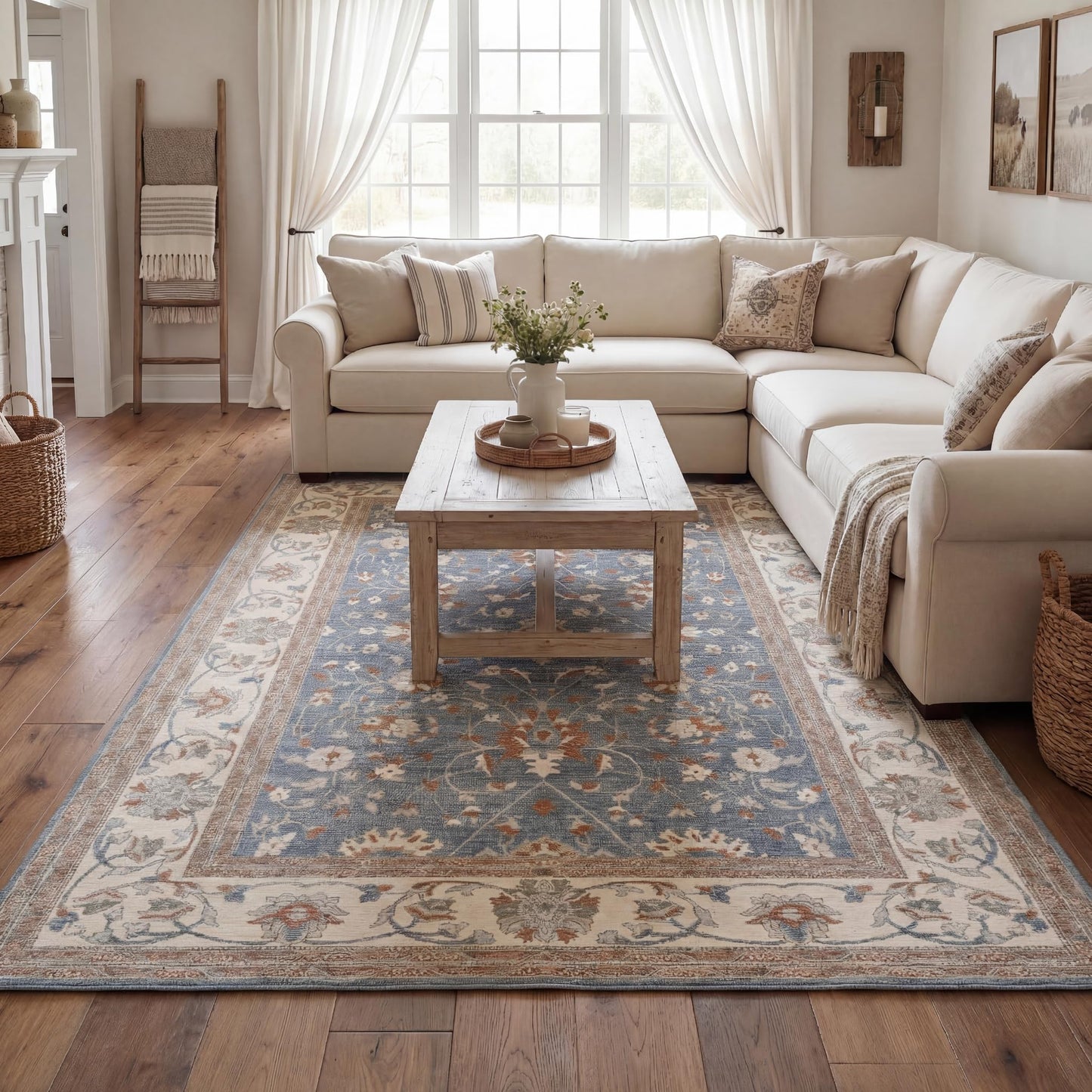 Kuden 6x9 Area Rug, Machine Washable Area Rug with Non-Slip Backing, Vintage Style, Soft, Easy Clean, Low Pile Rug for Living Room, Bedroom, Dining Room