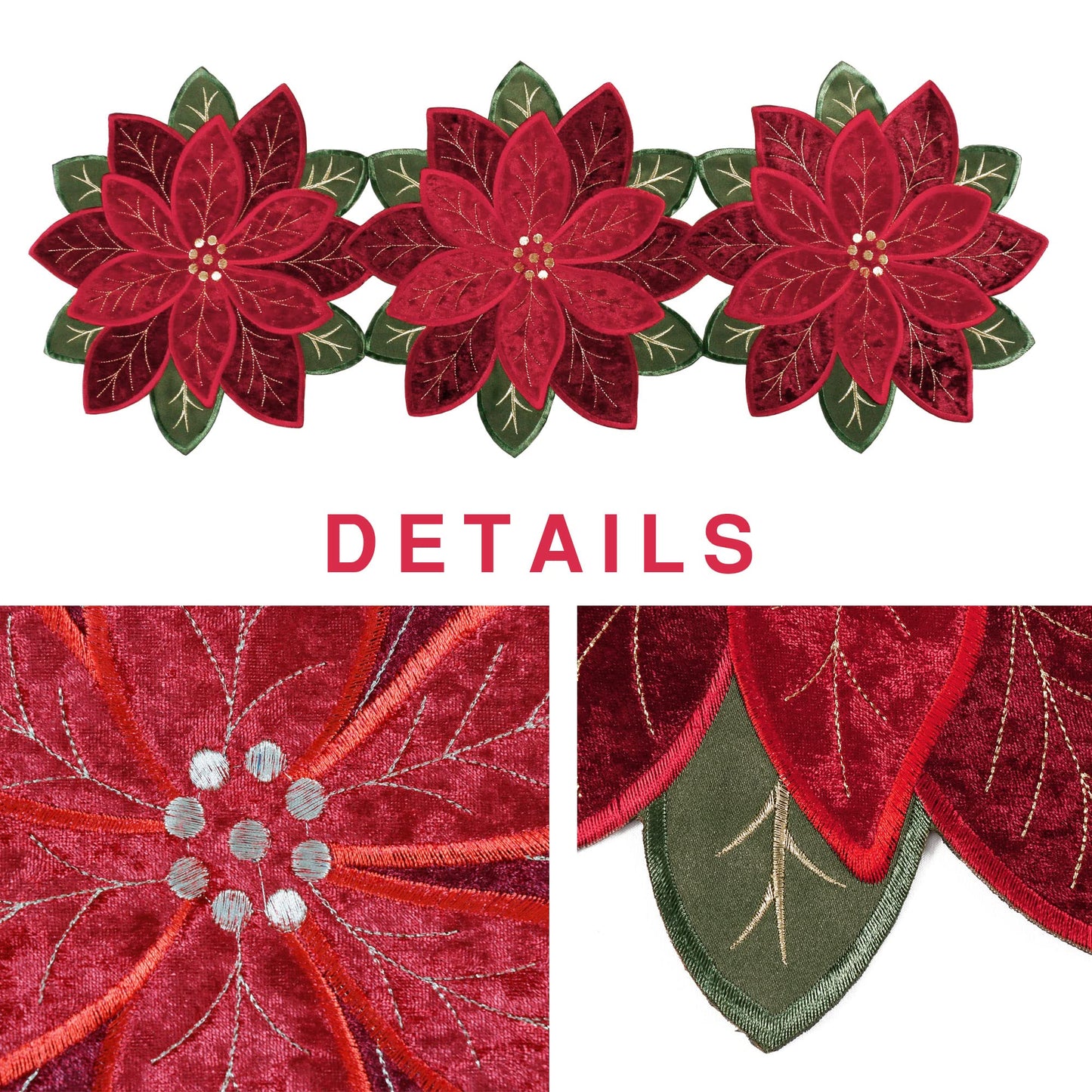OWENIE Christmas Red Table Runner, Embrodered Velvet Fabric Poinsettia Table Runners for Holiday Table Decor, Small Short Table Runner 36 Inches Long, Red, 13 x 36 Inches