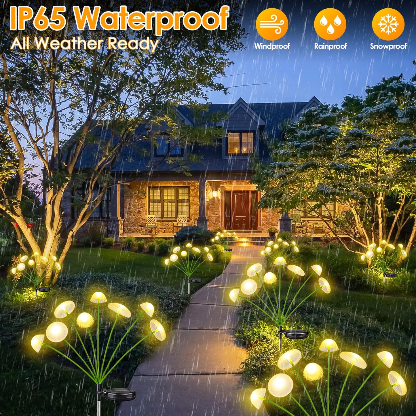 KAQ 4PK 32LED Solar Garden Lights Outdoor Waterproof | Solar Mushroom Lights for Outside Sway by Wind Firefly Fairy Light for Patio Pathway Garden Bush Yard Decorations (Warm White)