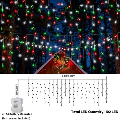 2 Pack Red White Green Christmas Icicle Lights Battery Operated, Total 204 LED Twinkle Icicle Lights 20Ft Clear Wire with 8 Lighting Modes Timer Function for Outdoor Indoor House Party Decoration