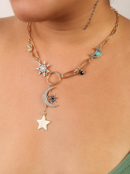 Sacina Boho Gold-Tone Moon and Star Necklace, Star Jewelry, Gold-tone Charm Boho Necklace, Christmas Jewelry Gift For Women