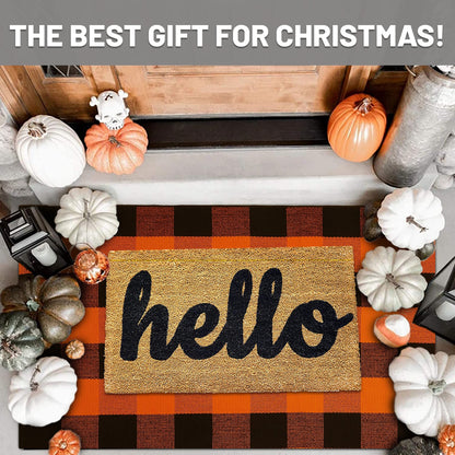 IOHOUZE Fall Buffalo Plaid Check Rug Outdoor Doormat 27.5 x 43 Inches Washable Woven Outdoor Indoor Welcome Mats for Front Door/Farmhouse/Entryway/Home Entrance Black and Orange Outdoor Rug