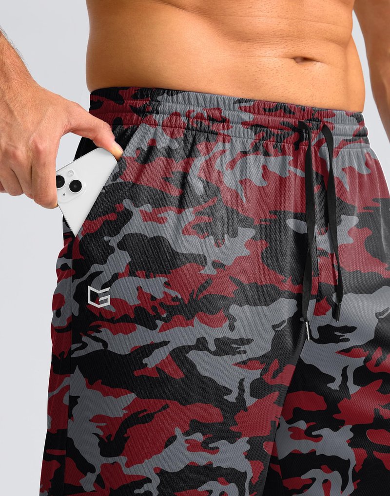 G Gradual Men's Athletic Shorts with Pockets 9" / 11" Long Basketball Shorts Lightweight Quick Dry Gym Workout Shorts for Men(Red Camo,M)