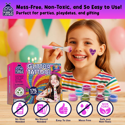 Purple Ladybug Glitter Tattoos for Kids - Includes 9 Colors, 175 Safe Temporary Tattoos Design - 5 Year Old Girls Gifts - Girls Birthday Presents - DIY Arts and Crafts Gift for Girls Aged 5-12
