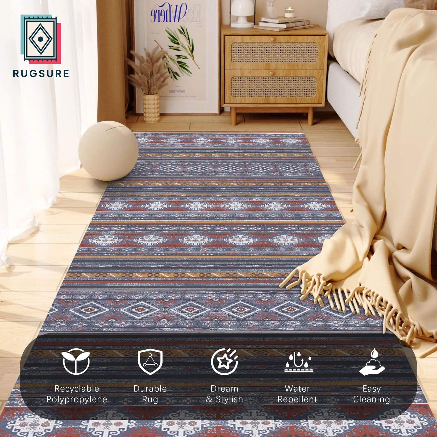 RUGSURE Washable Area Rugs 2'6'' x 8' - 1/6 Thick - Moroccan-Inspired -Stain & Water Resistant Non-Slip - Resistant Rug for Living Room, Bedroom, Nursery, Pet & Child Friendly (Blue and Red)