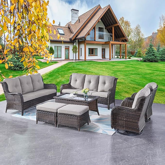 Rilyson Wicker Patio Furniture Set - 7 Piece Rattan Outdoor Sectional Conversation Sets with 2 Rocking Swivel Chairs,2 Ottomans,2 Sofa and 1 Coffee Table for Porch Deck Garden(Brown/Grey)
