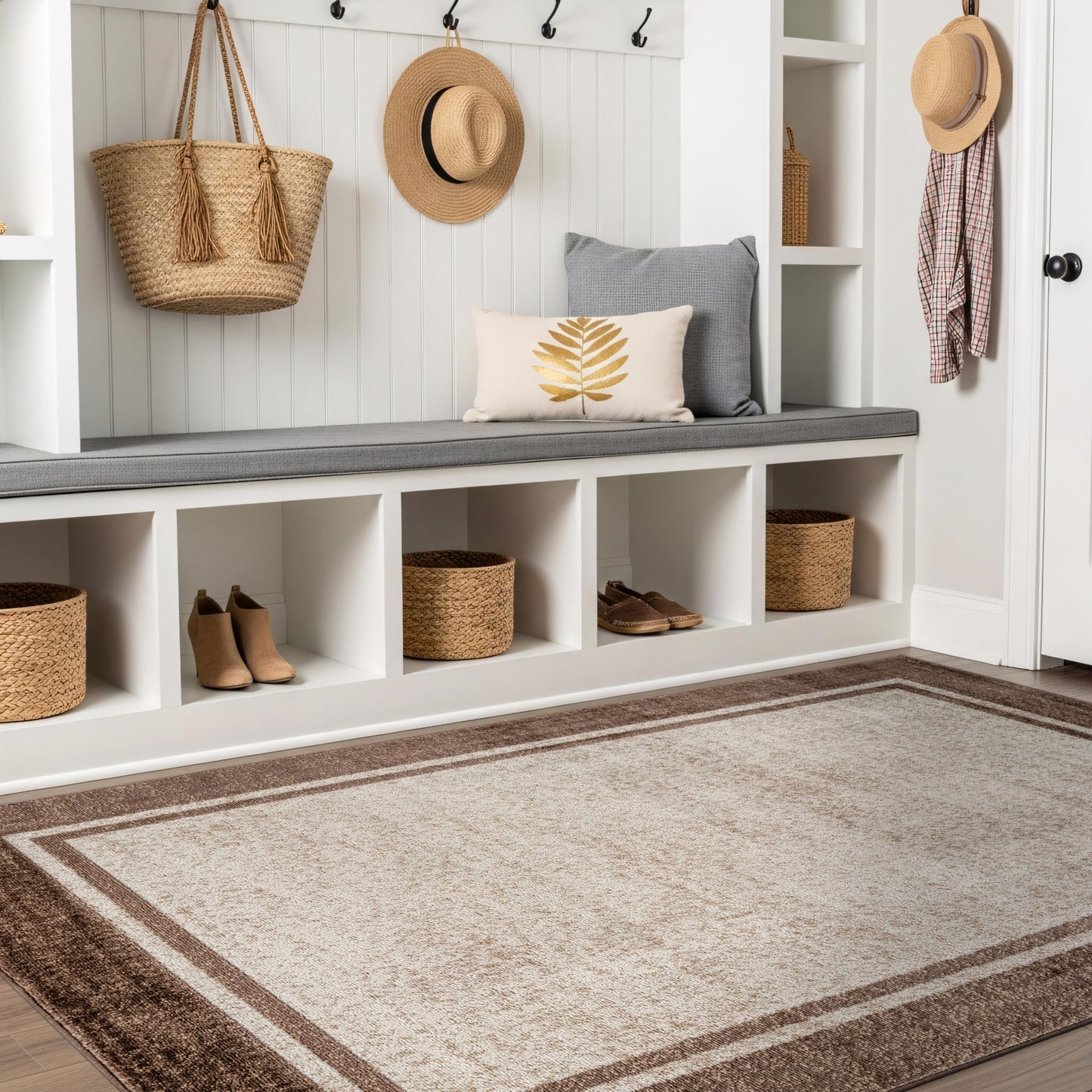 Rugshop Modern Transitional Bordered Indoor Area Rug for Living Room,Bedroom,Kitchen Rug Low Pile Rug with Jute Backing 5' x 7' Beige