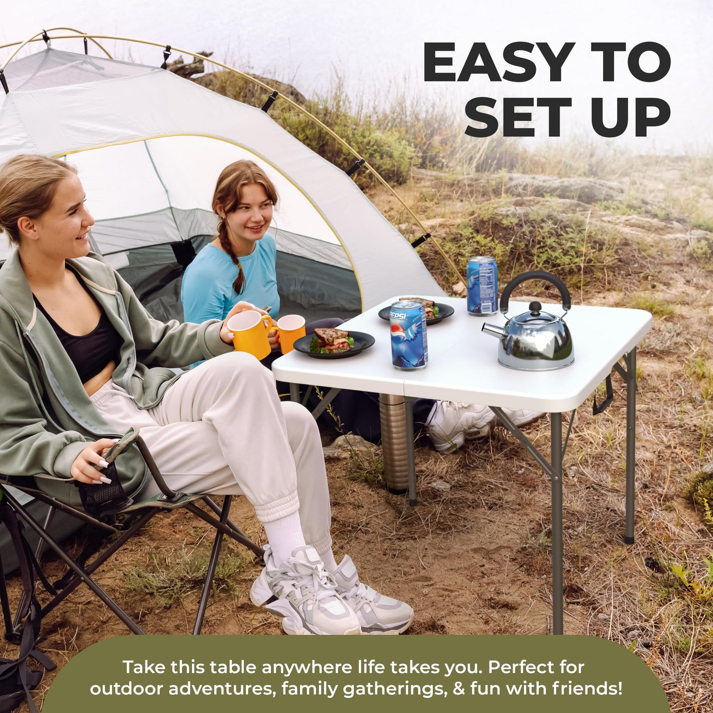 34" Square Foldable Table with Built in Handle & Steel Legs | Heavy Duty Portable | Perfect for Party, Dining, Wedding, Events, Picnic Indoor, Outdoor, Camping, Utility, Temporary