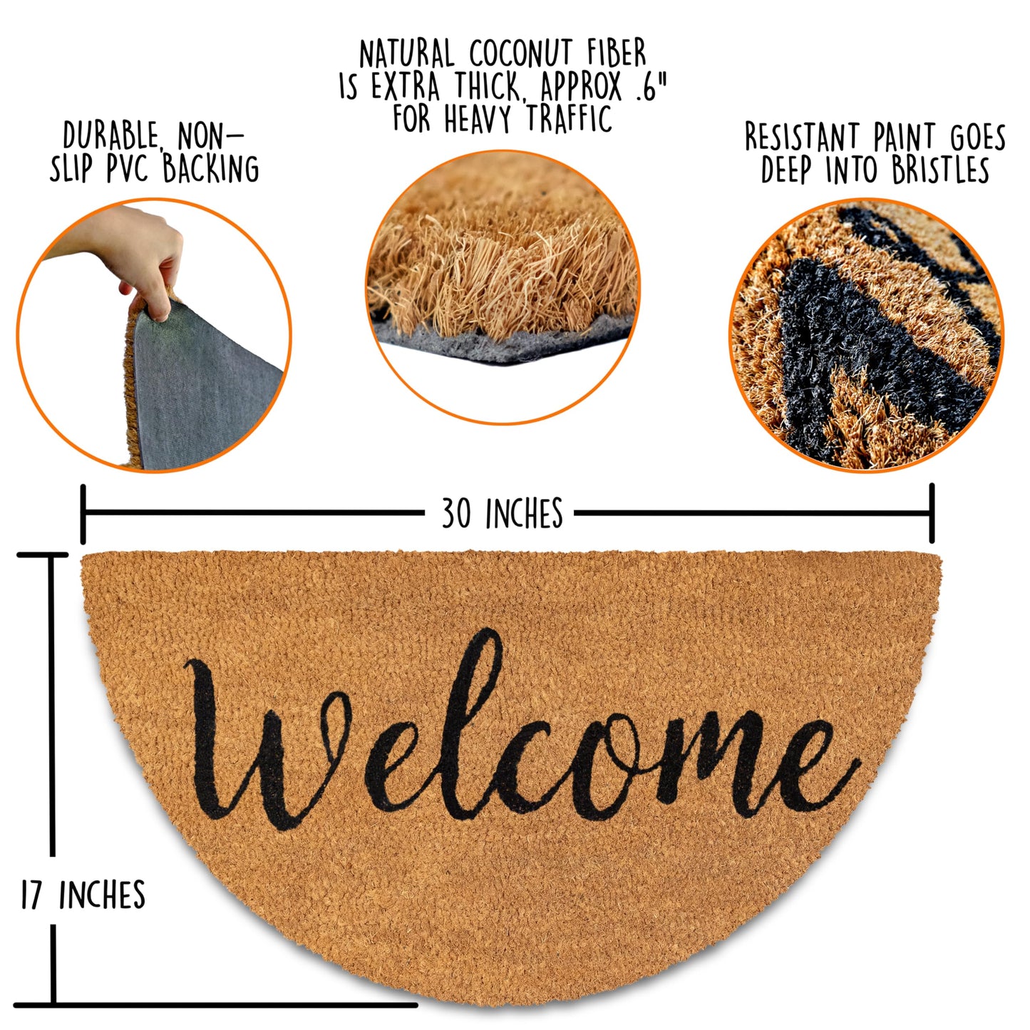 MAINEVENT Welcome Half Circle Door Mat Outdoor 30x17 Inch, Half Circle Outdoor Mat for Covered Porch Patio, Half Round Door Mat w/Anti-Slip PVC Backing