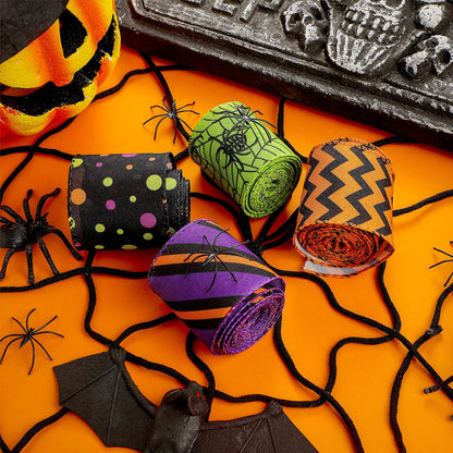 4 Rolls 20 Yards Halloween Wired Edge Ribbon Spider Web Printed Grosgrain Ribbons Halloween Theme Holiday DIY Craft Wrapping Ribbon for Home Party Decor