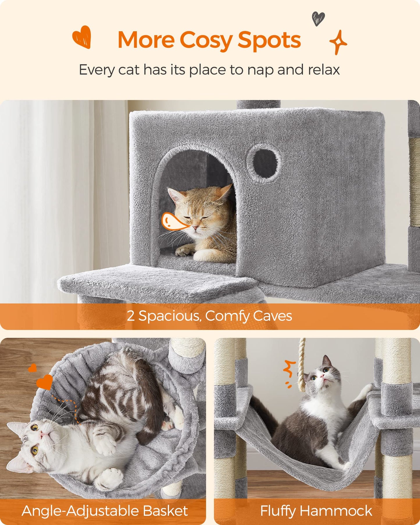FEANDREA Cat Tree, 206 cm Large Cat Tower with 13 Scratching Posts, 1 Scratching Ramp, 2 Perches, 2 Caves, Basket, Hammock, Pompoms, Multi-Level Plush Cat Condo for Indoor Cats, Light Grey